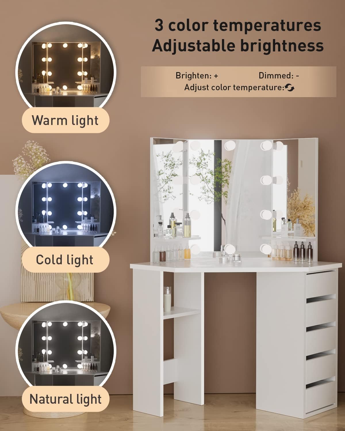 Likein Corner Makeup Vanity Desk with Mirror and Lights, Bedroom Vanity Table with Lighted Mirror 5 Drawers and Storage Shelf for Women Girls White