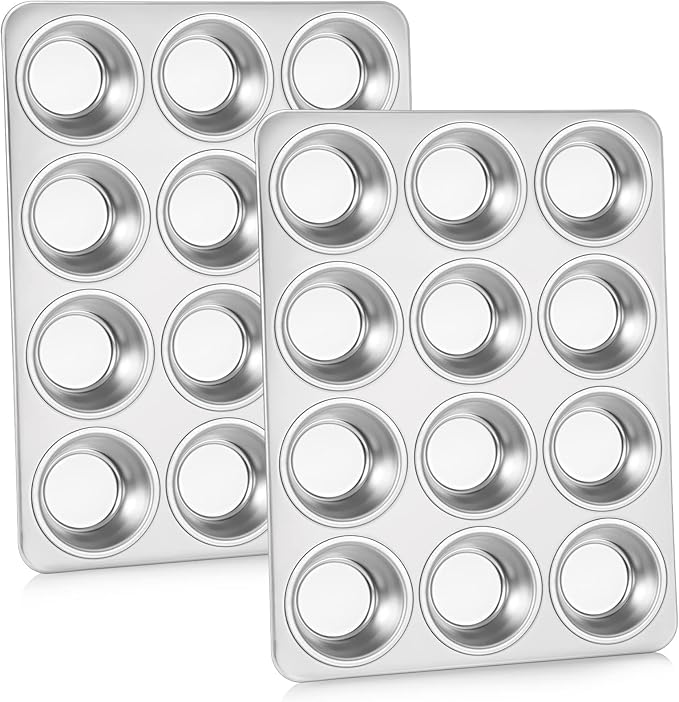 Muffin Pan Cupcake Baking Pan Set of 2, P&P CHEF 12 Cups Muffin Tin Tray, Stainless Steel Muffin Pans for Baking Mini Cake Muffin Tart Quiche, Oven & Dishwasher Safe, Non-toxic & Heavy-duty