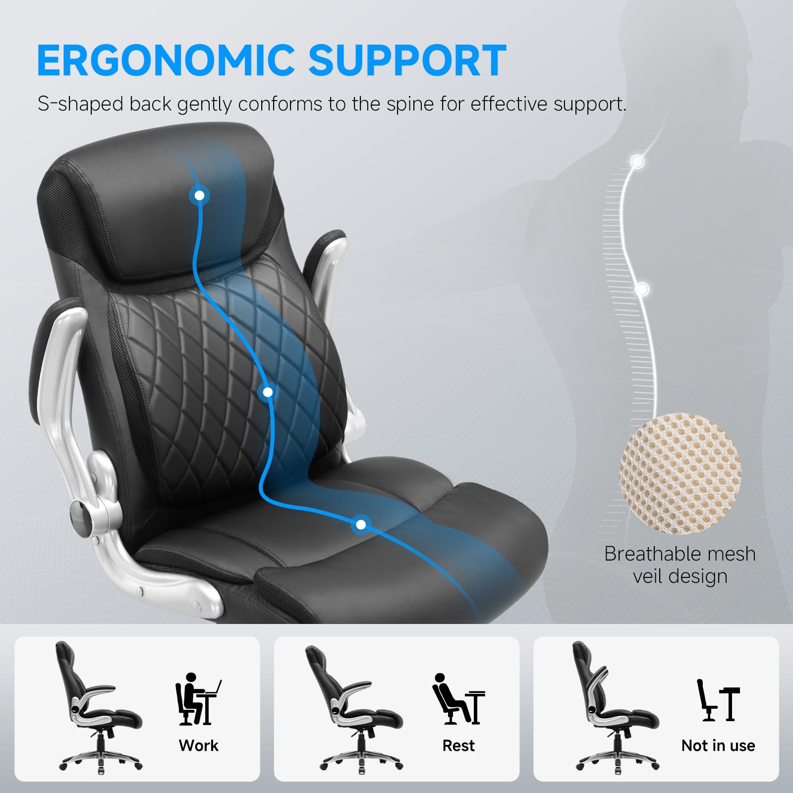 COMHOMA Silla de Oficina ergonómica con reposabrazos Plegables y Respaldo Alto, función basculante, Altura Regulable, Piel Resistente a los arañazos