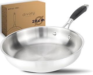 DIVORY Sartén acero inoxidable 28 cm – Sin recubrimiento, sin PTFE ni PFOA, para inducción, sartén grande sin revestimiento (PURA, 28 cm)