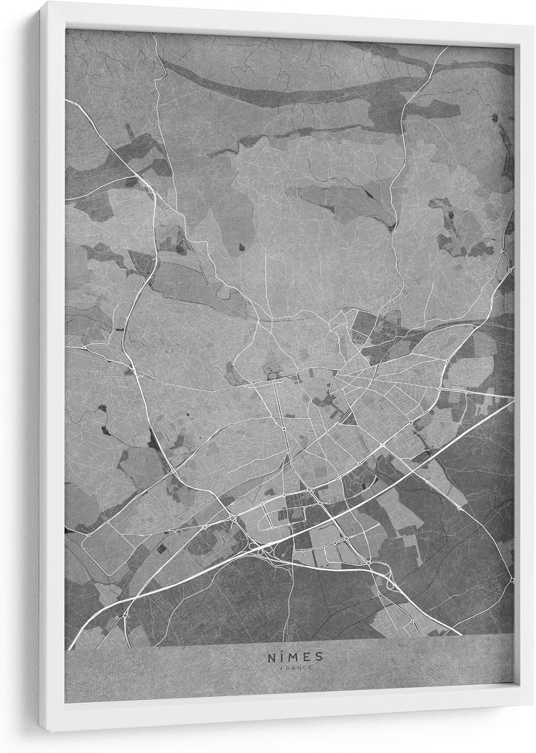 Canvas Lab | Gray vintage map of Nimes France by Rosana Laiz Blursbyai | 17 x 23 in | Fine Art Framed Print, Frame Color: White | Black and White, Cities, Maps, Travel, European, Vintage