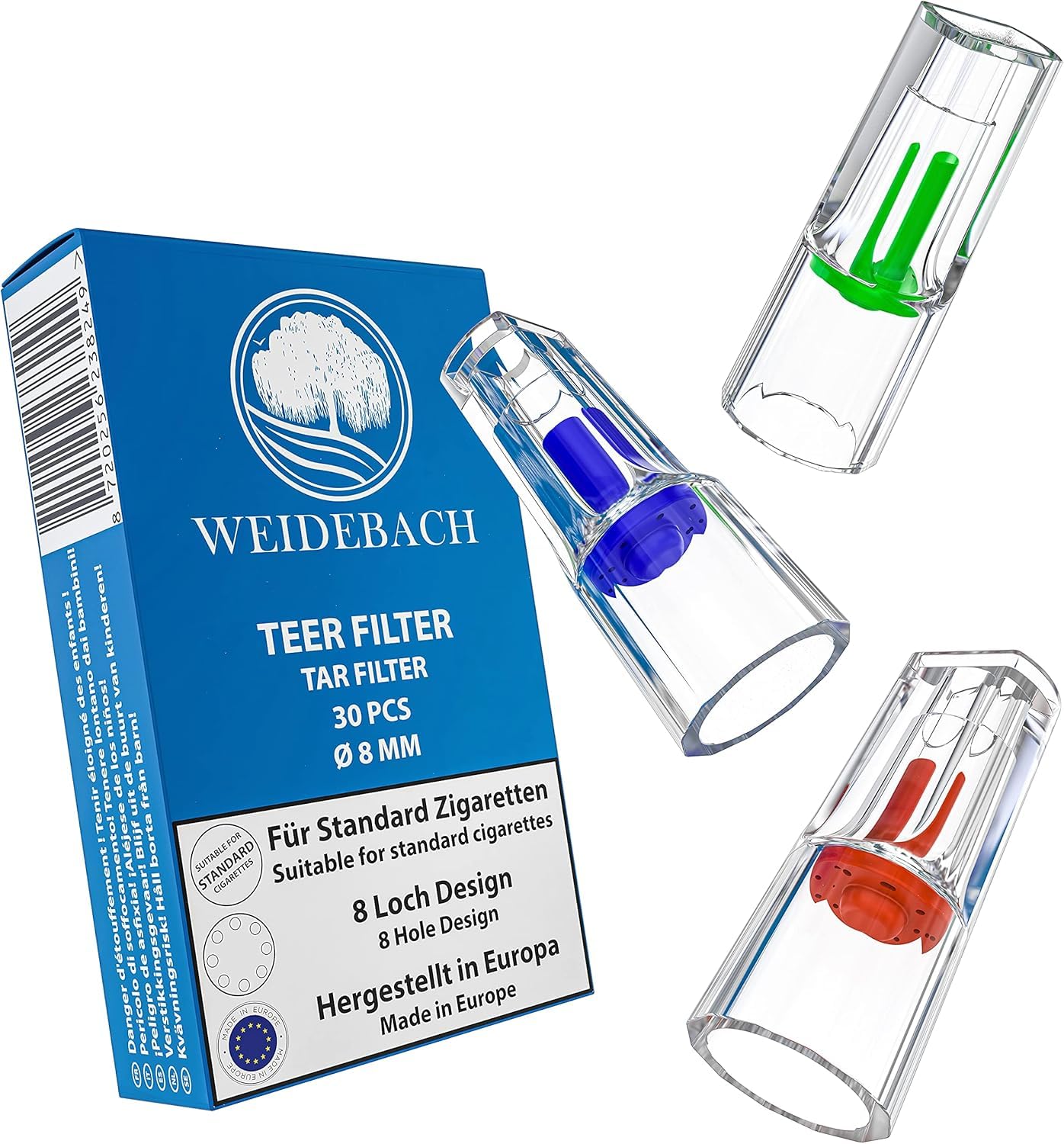 WEIDEBACH® 30 Premium filtry do papierosów 8 mm, Made in Europe | filtry papierosowe z klipsem, filtry nikotynowe, plastikowy filtr do papierosów, filtry antysmogowe