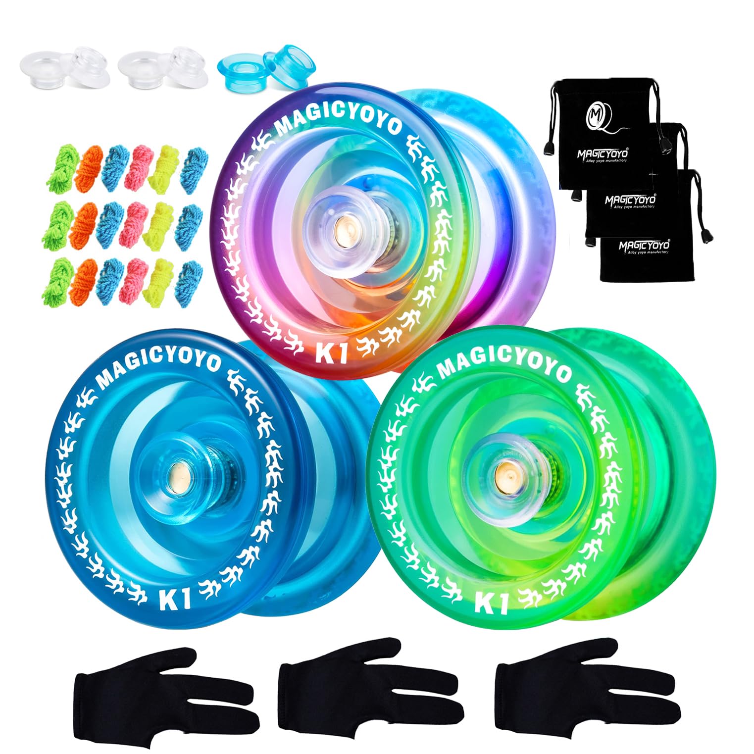 Yoyo K1-Plus Crystal Pack of 3 Yoyos, Responsive Yoyo for Kids Beginners, Hubstacks Yo Yo for Finger Spin Tricks, 18 Yo-yo Strings, 3 Yo yo Glove (Blue +Purple +Blue Pink Yellow)