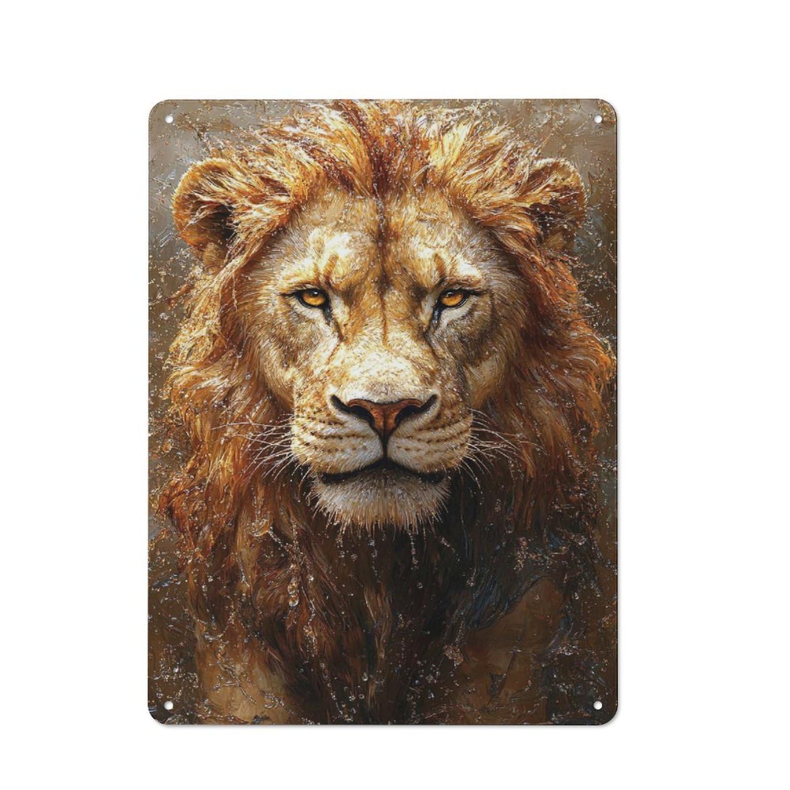 Majestic Lion Portrait with Water Droplets Clean Industrial Metal Wall Decor 40x30cm, Decorative Metal Plaque for Workspace, Cafe, Hallway Or Garage