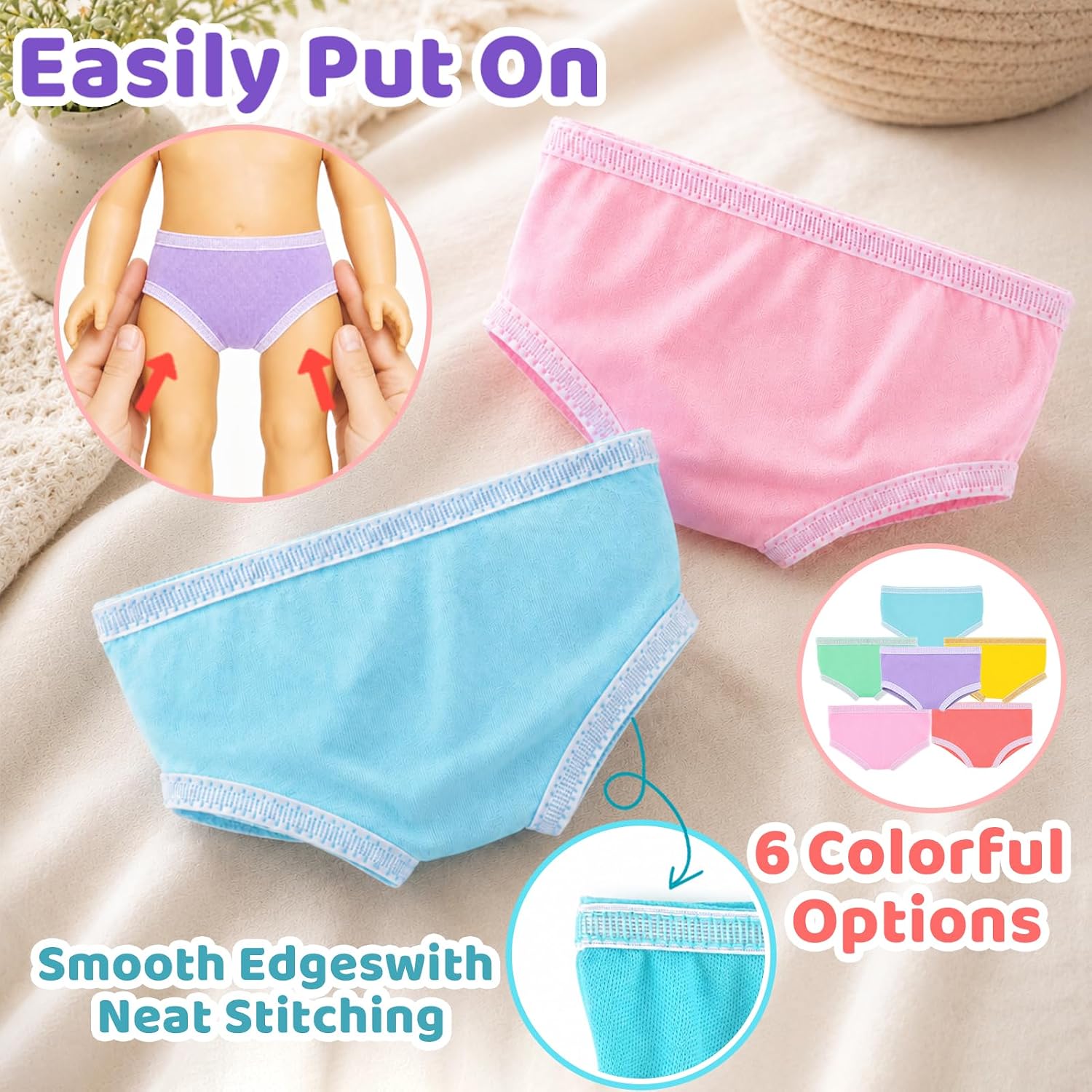 6 Pcs Baby Doll Diapers, Baby Doll Accessories for 16-18 Inch Dolls, Reusable Doll Underwear with Soft Fabric, 6 Colorful Doll Diapers for Pretend Changing Play image 3