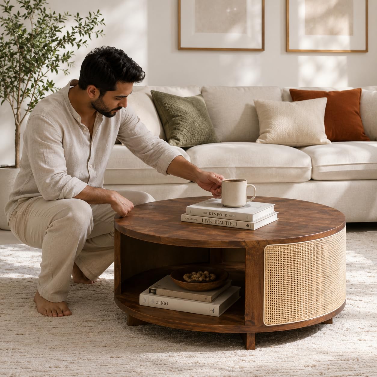 SMAART CRAAFTS Cane Solid Wood Coffee Table - Rattan Round Centre Table with Storage - Pure Sheesham Wood, Teak Finish - Ideal Tea Table for Living Rooms-image-1