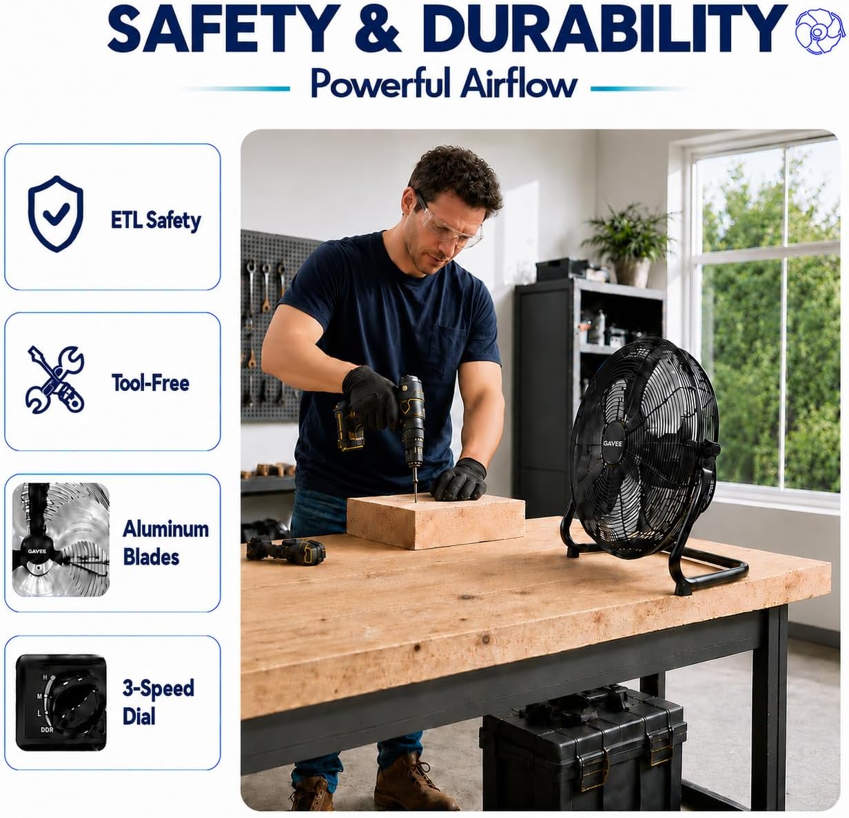 GarveeTech 12'' Industrial Floor Fan, 1050CFM Metal Ventilation Fan