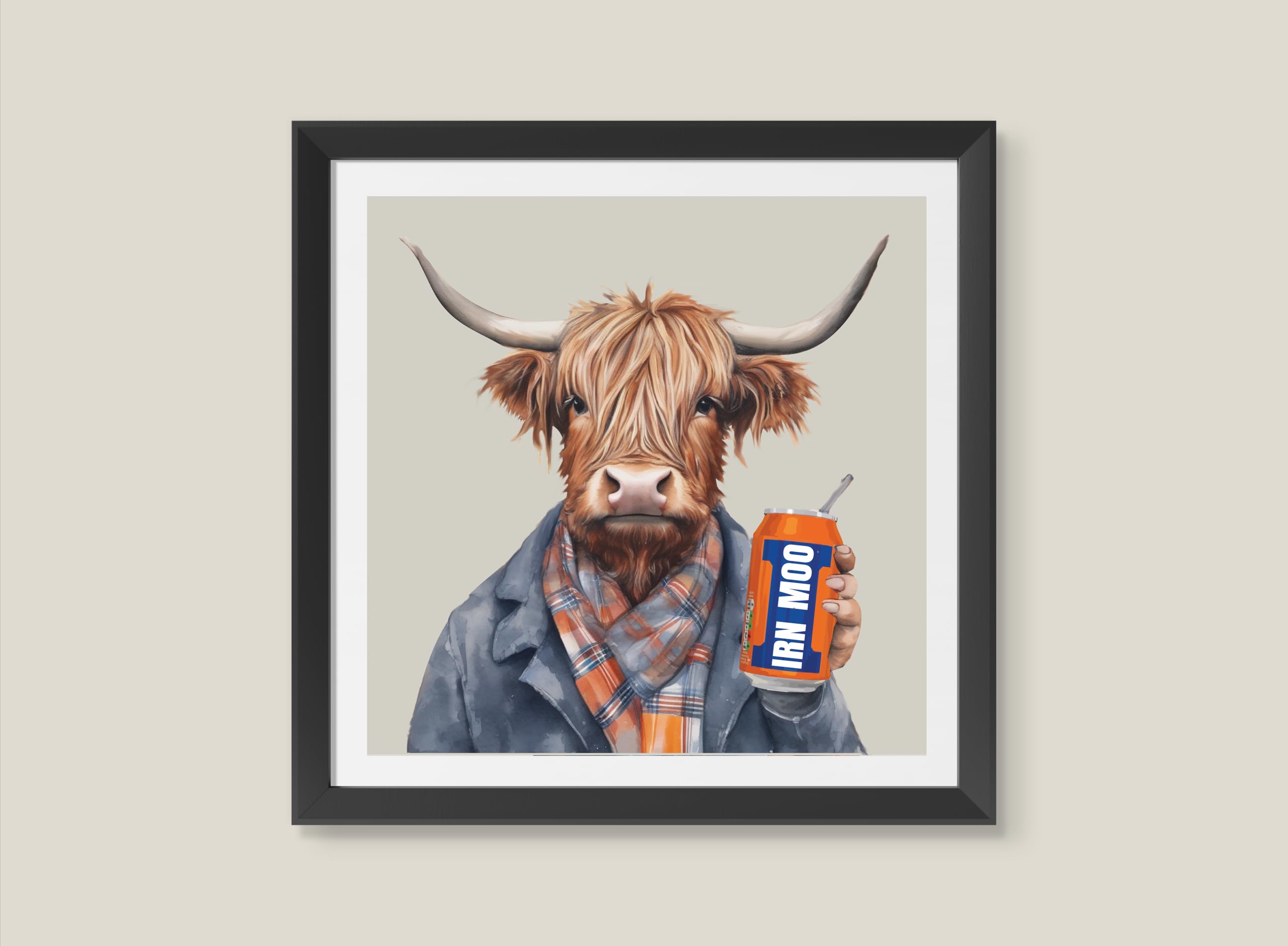 Designed By Lorna Watercolour Highland Cow with Irn Bru Country