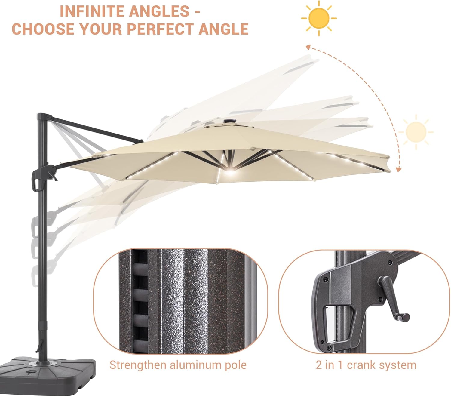 FLAME&SHADE 11FT Patio Umbrella with Solar Lights Outdoor Cantilever Umbrella with Base Aluminum Offset Umbrella with 360 degree Rotation for Garden Deck Backyard Pool