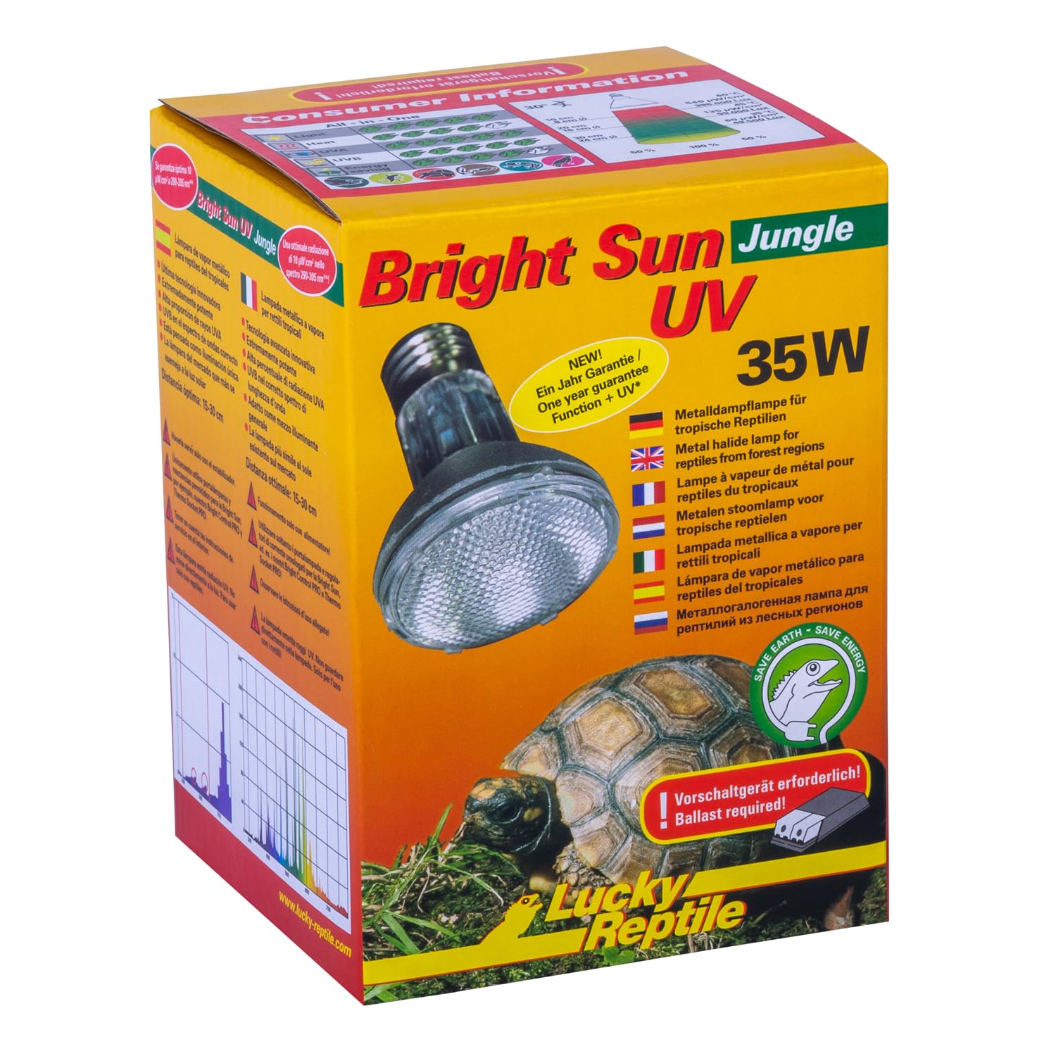 Lucky Reptile Bright Sun UV Jungle - 35 W lámpara halogenuros metálicos para Bases E27 - Lámpara de luz de día terrarios - Lámpara de Calor con radiación UV para Reptiles Tropicales
