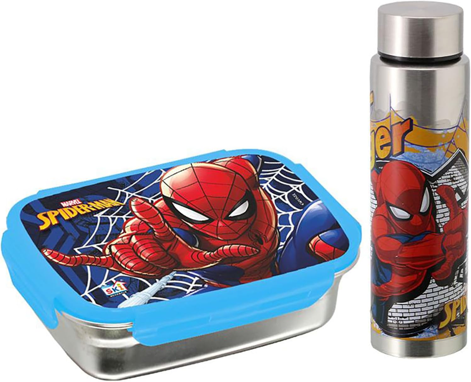 Steel Lunch Box (600 ML) & Steel Slim Bottle (400 ML) Combo/Gift Set- Spiderman