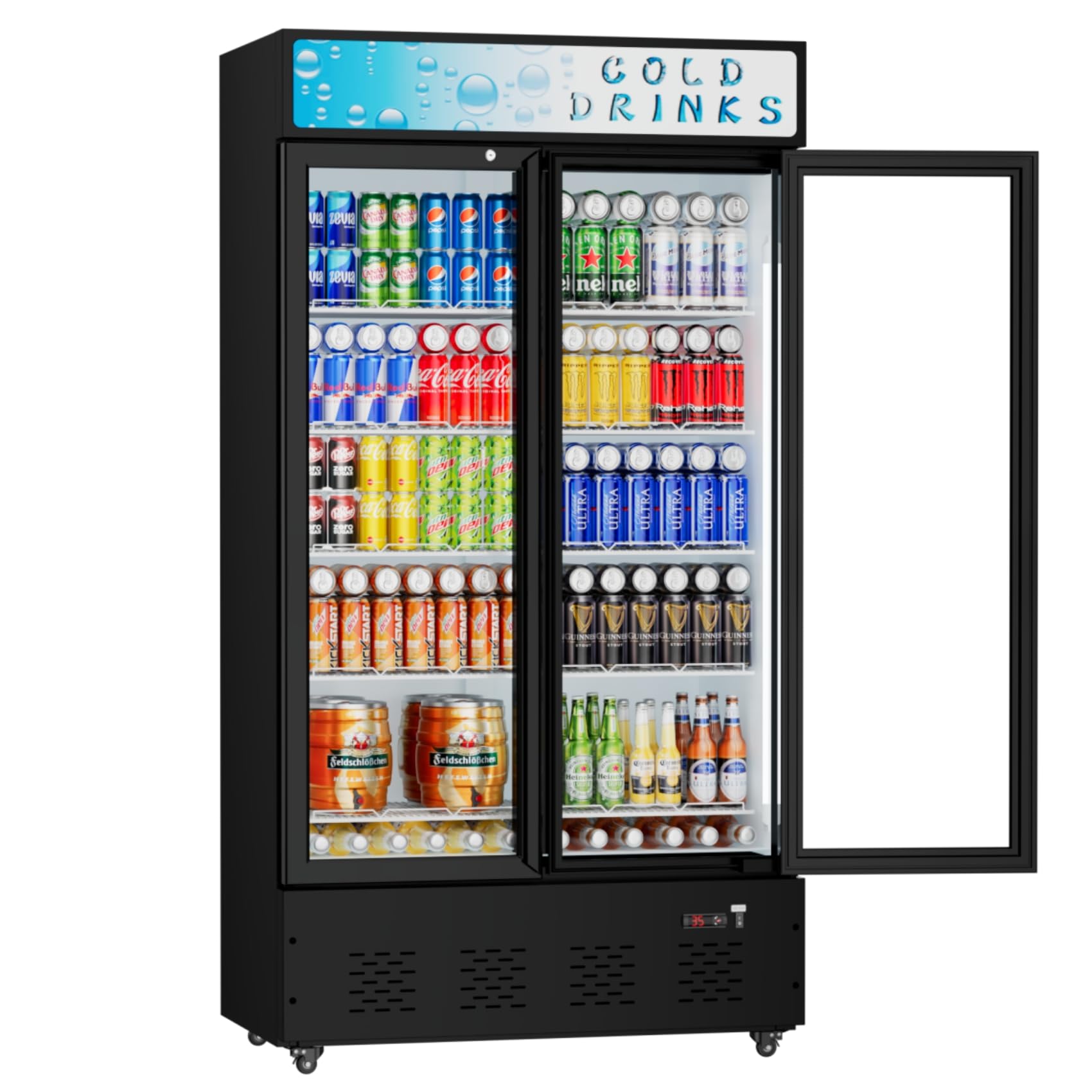 Commercial Glass Door Display Refrigerator 30 cu.ft Cooler Commercial Beverage Refrigerators with LED Light and 10 Shelves for Cafe, Restaurant, Store, Bar
