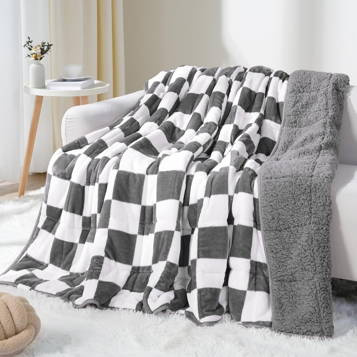 Sherpa Weighted Blanket for Adults Queen Size 15 lbs, Dual Sided Heavy Blankets with Checkerboard Pattern, Ultra Soft Cozy Throw Blanket for Calming and Sleep, Plaid Grey, 60" x 80"