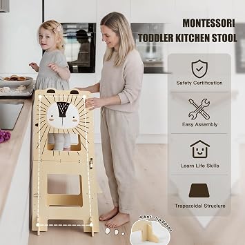 Toddler Kitchen Tower, Foldable Montessori Learning Standing Tower, 2-in-1 Toddler Kitchen Stool with Chalkboard Waldorf Kitchen Steps Helper Stool for Kids in Kitchen Bathroom and Kids Room (Lion)