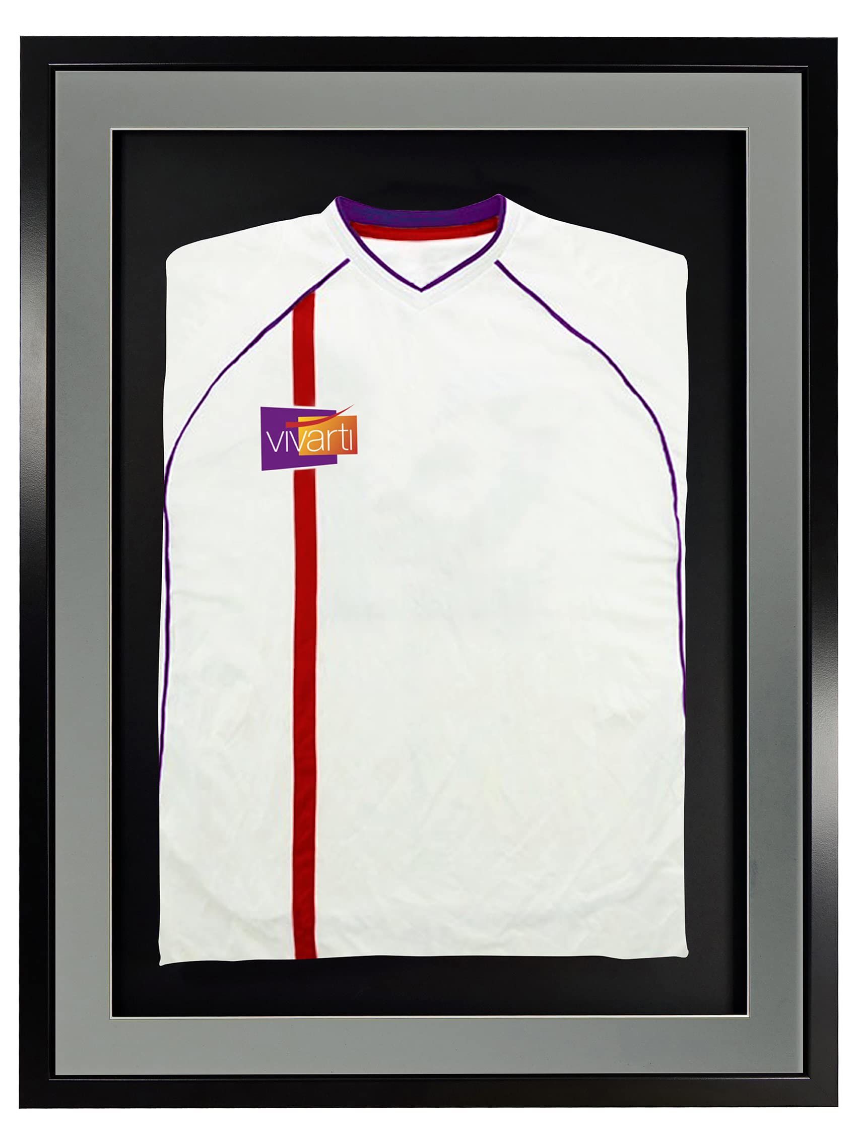 Vivarti Marco de exhibición de Camisa Deportiva montado en 3D para Camisa de fútbol, 60 x 80cm, Marco Negro, Soporte Plateado, Tarjeta Trasera Negra