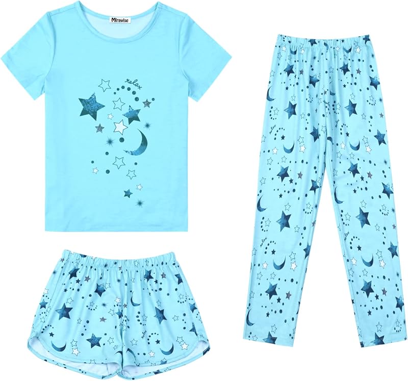 Conjunto de pijamas infantis Mirawise com 3 peças em algodão, para meninas de 4 a 13 anos
