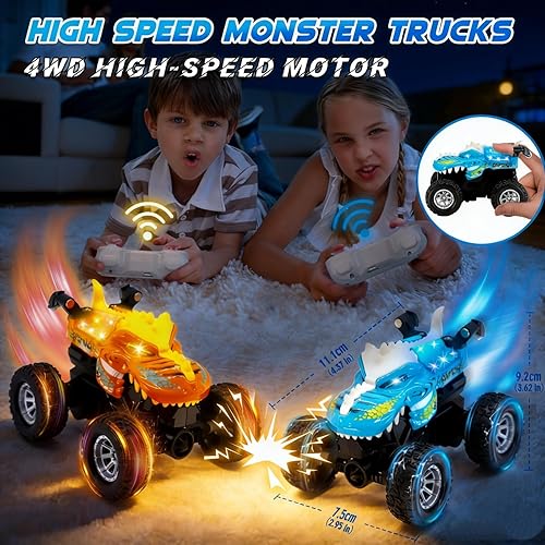 Miniatura 4 de Dinosaurio RC Stunt Car con luz LED y giros de 360, 2.4GHz 4WD control remoto Monster Truck para niños, vehículo todoterreno todo terreno, juguete