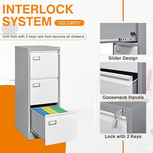 Miniatura 4 de Armario de almacenamiento vertical de metal, archivador de 3 cajones con cerradura, archivadores verticales de 18 pulgadas de profundidad para