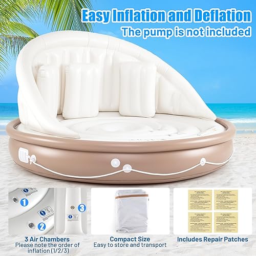 Miniatura 7 de GYMAX Flotador de piscina con toldo, isla flotante inflable de 440 libras con sombrilla desmontable y 3 almohadas, tumbona de bronceado para 23