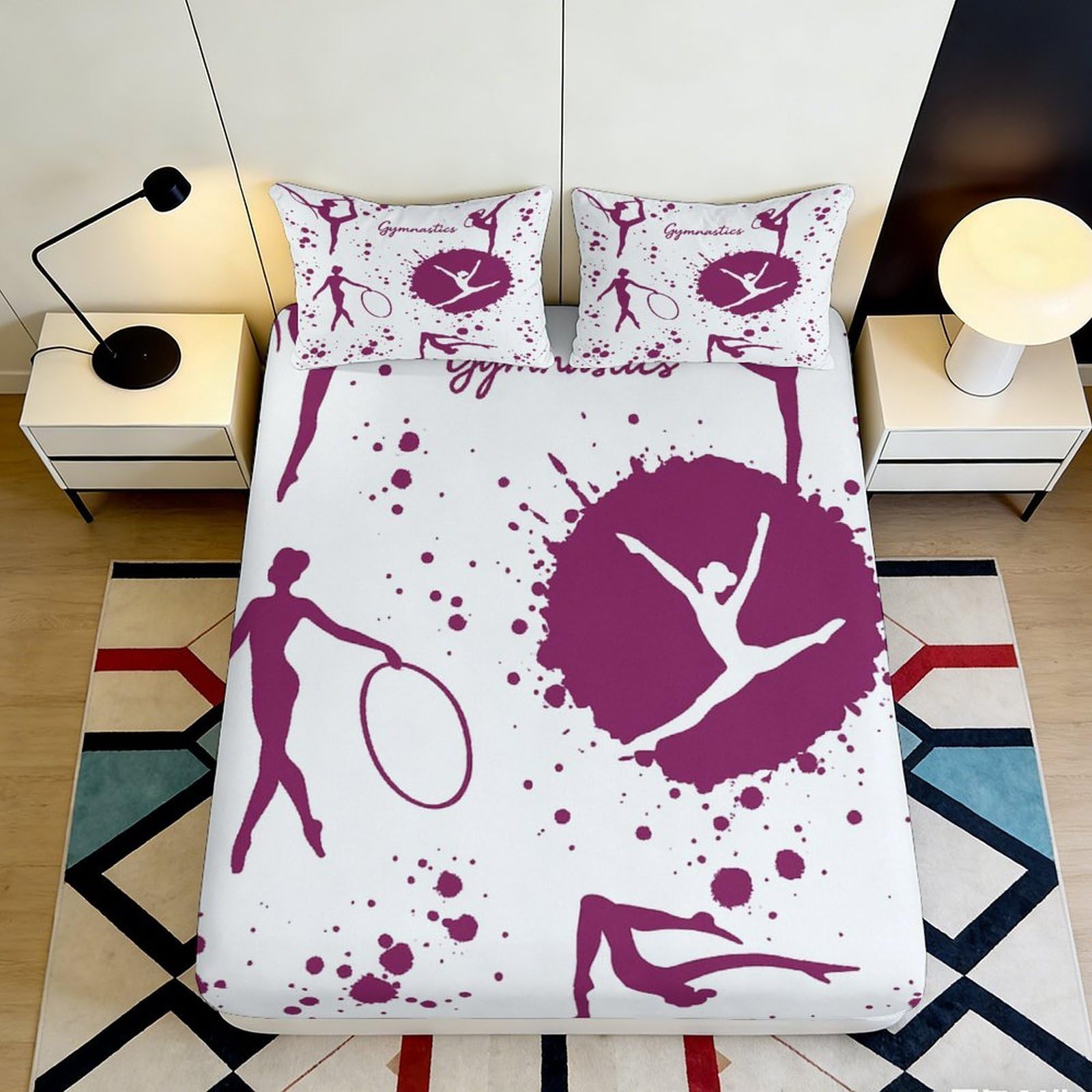 3D Printed Rhythmic Gymnastics Fitted Sheet Microfiber Purple Artistic Dance Mattress Cover for Bedroom Dorm Easy Care 90x200x25cm