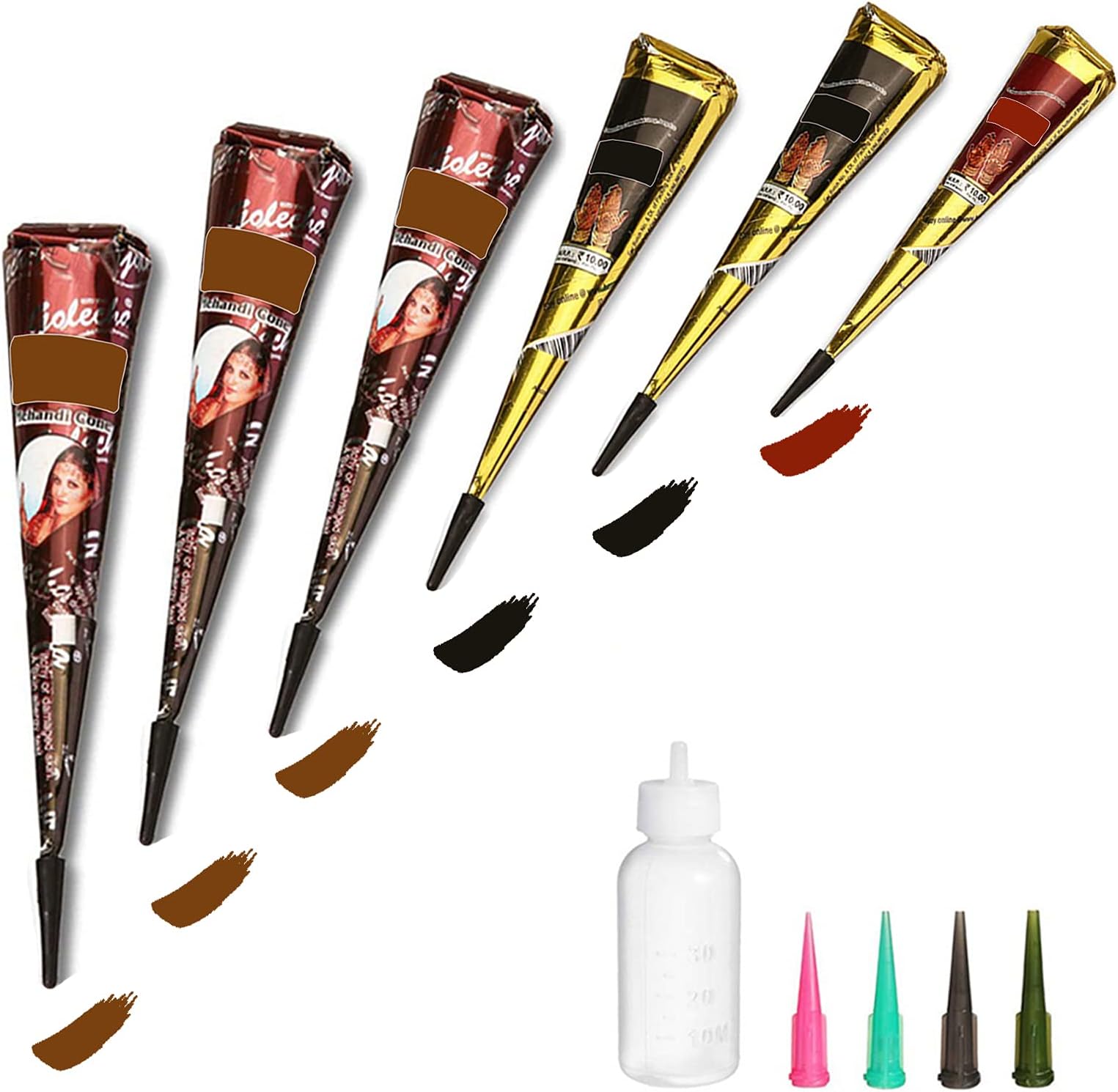 Temporary Tattoos Kit, 6Pcs Semi Permanent Tattoo Paste Cones, India Body DIY Art Painting for Women Men teens, Summer Trend hand Plaste with 3 Colors(1Pc Bottle,4Pcs Nozzles)20Pcs Adhesive Stencil