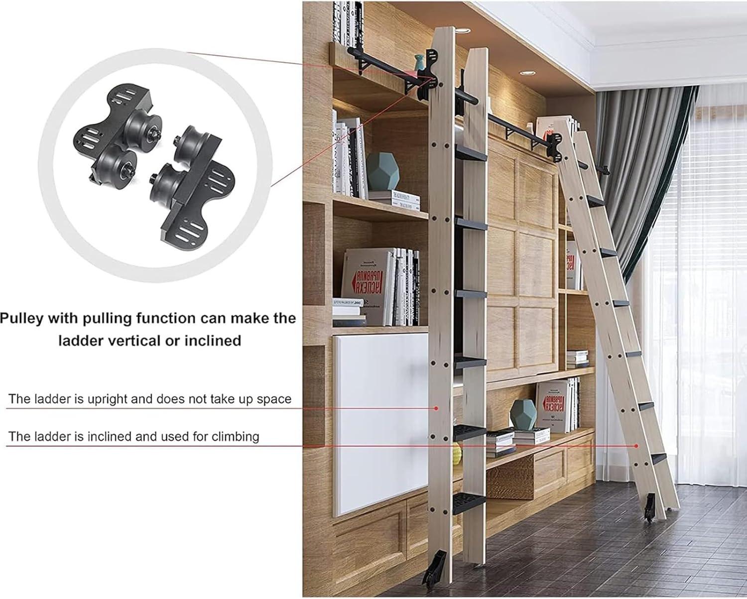 Adjustable Library Ladder Hardware Kit Retractable Rolling Track Bracket with Top Roller Pulley 3.3FT to 26.2FT Wall Mount with Floor Wheels & Brake (No Ladder Included)