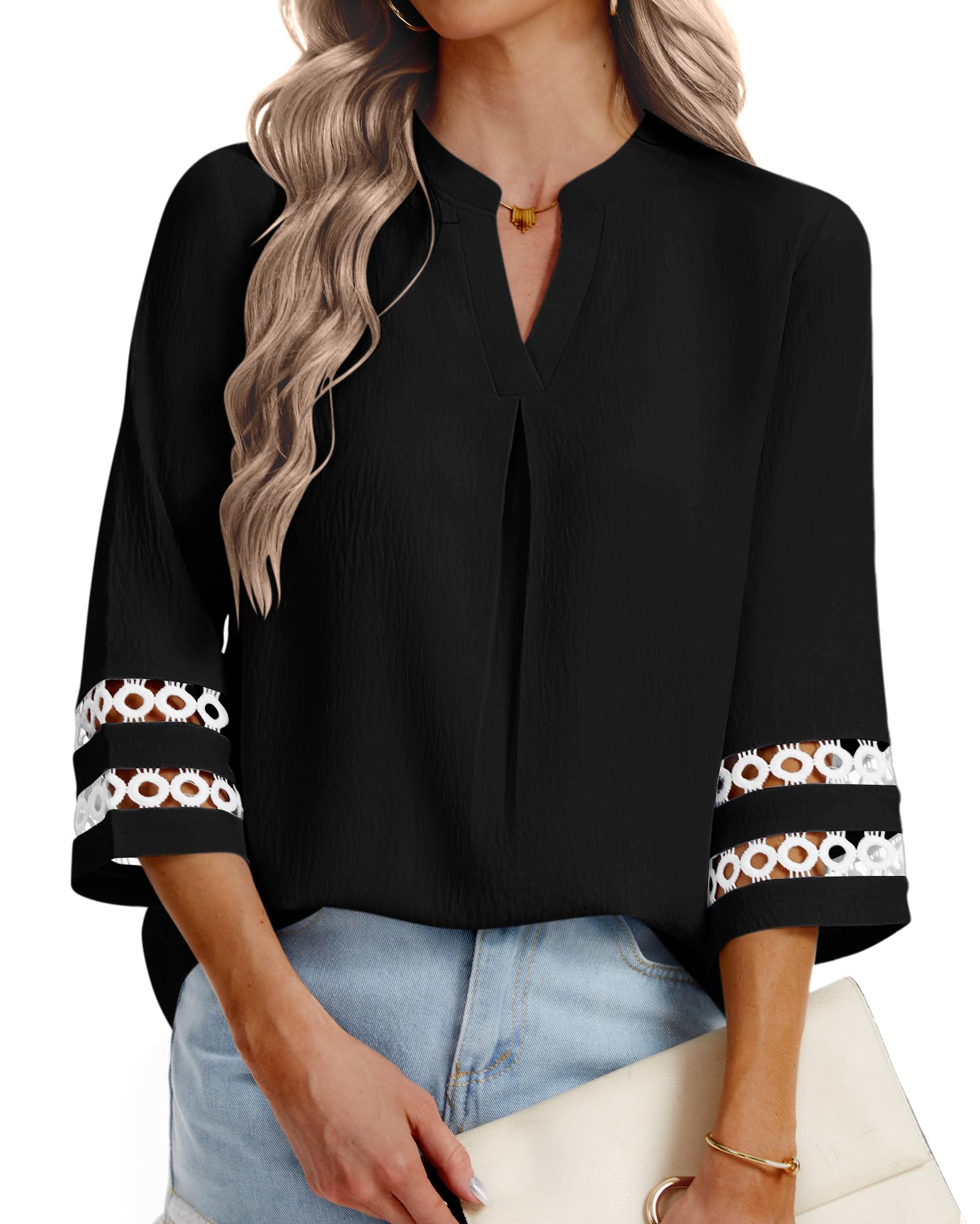 PYGFEMR 3/4 Length Sleeve Womens Tops Casual Dressy Trendy Work Blouses | Casual dressy business blouses, 2026 trendy v neck summer tops, Pleated work 3/4 length sleeve womens shirts