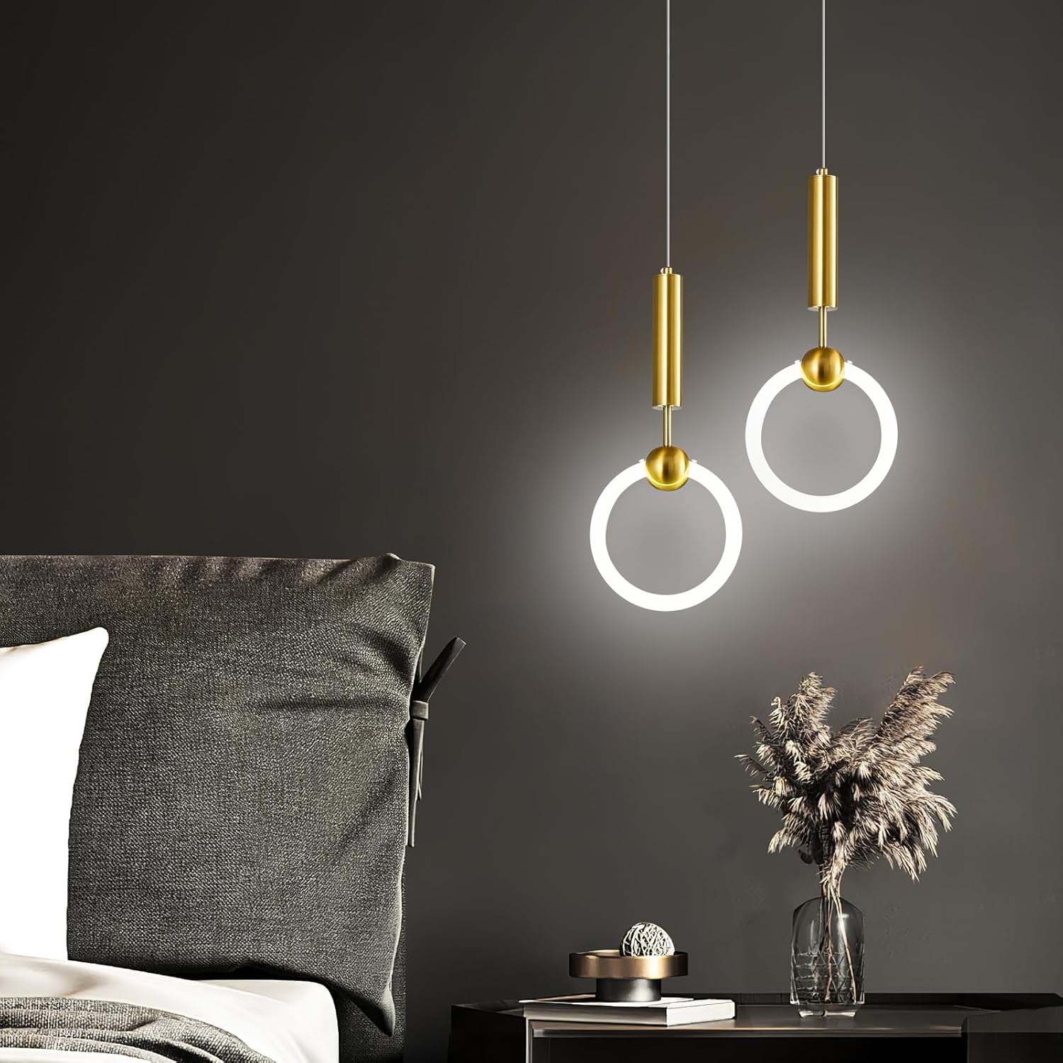 Modern LED Pendant Light Fixtures, Simplicity Gold Pendant Lighting,Circular Hanging Chandelier for Kitchen Island Dining Room Bedroom Entryway Hallway(Gold 1-Pack)