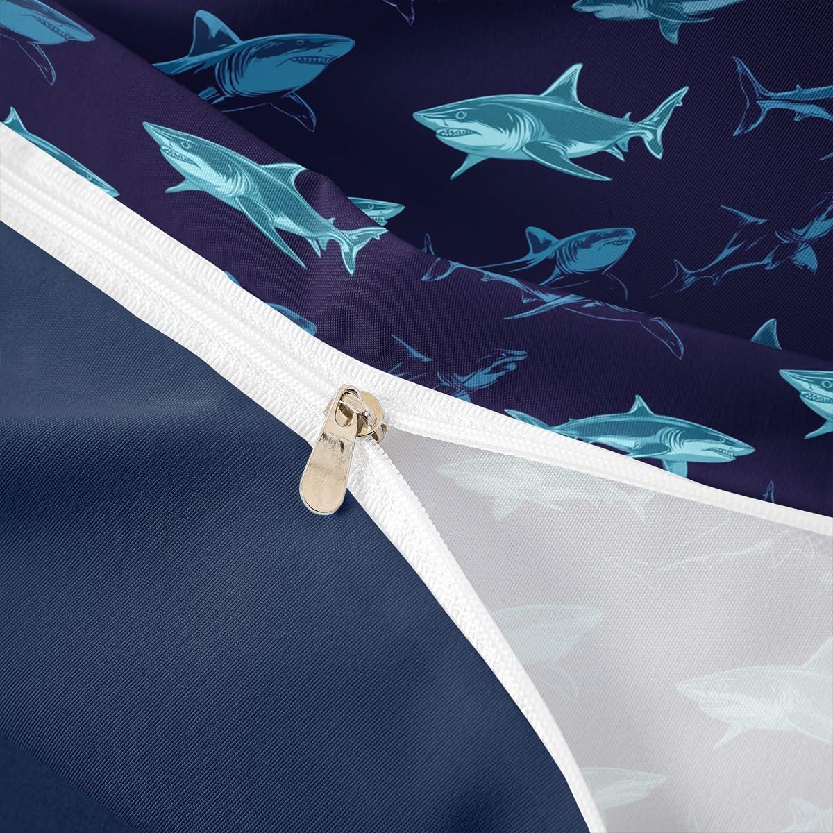 Sharks Bedding Set, Large Reef Shark Duvet Cover, Deep Ocean Animal Quilt Cover for Kids Boys Girls, Rodents Wild Marine Life Hawaiian Comforter Cover Child Room Décor 3Pcs Queen Size Navy Blue - Image 4