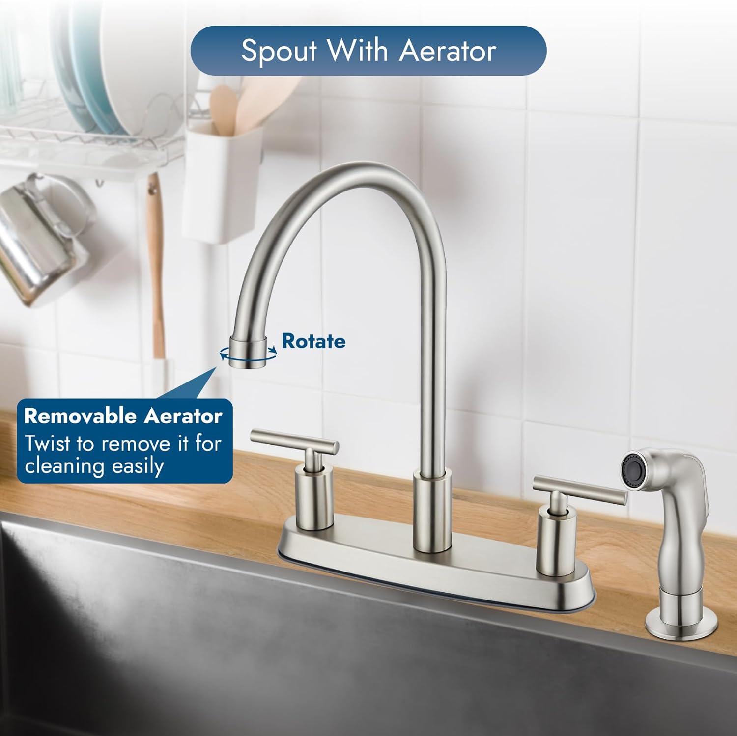 Kitchen Faucets, High Arc 360°Rotating Spout Kitchen Sink Faucet, 2 Handle 8 Inch Centerset RV Kitchen Faucet with Supply Lines, 3 or 4 Hole Kitchen Faucet with Side Sprayer, Brushed Nickel