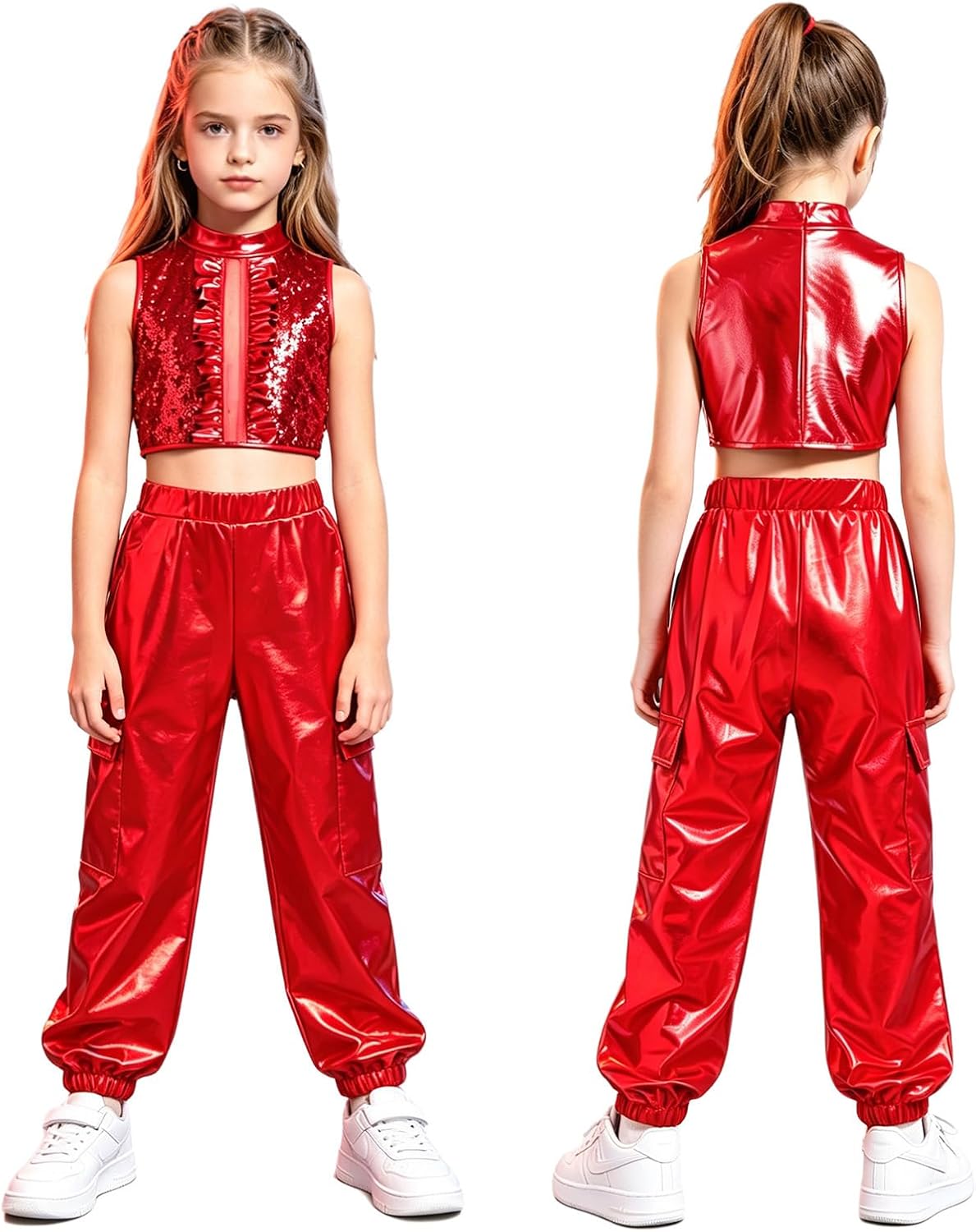 Hularka Kids Sequins Crop Tops with Metallic Pants Sets Street Dance Outfit Streetwear for Stage Performance