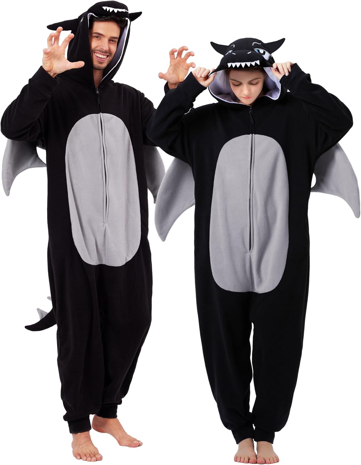 dressfan Unisex Adults Black Dragon Costume Halloween Cosplay Costume Onesie Pajamas Hooded Christmas Gifts for Women Men