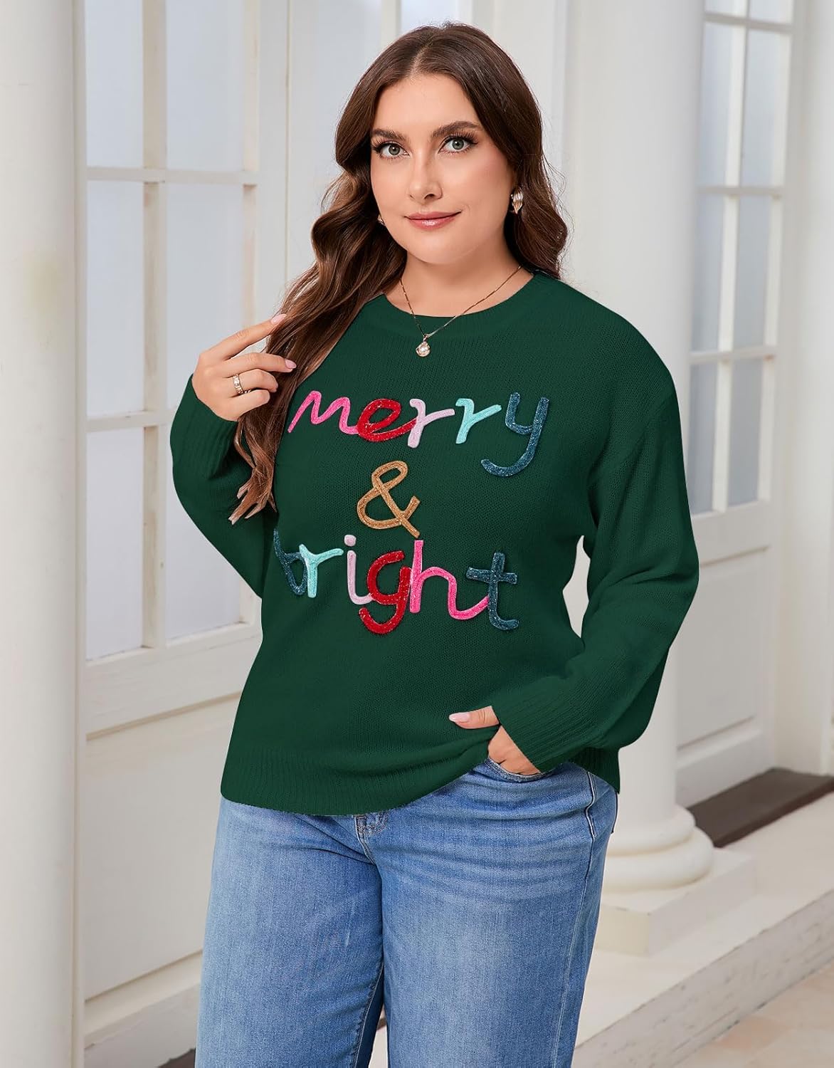 Alsol Lamesa Women's Plus Size Valentines Sweater Merry and Bright Long Sleeve Crewneck Loose Pullover Tops XL-5XL - Image 5