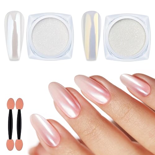 Artdone 2 Jars Chrome Nail Powder White and Gold Pearl,Iridescent Aurora Powder Metallic Mirror Effect Pigment Pearlescent Mermaid Pearl Glitter Dust Kit (White and Gold) - white and gold