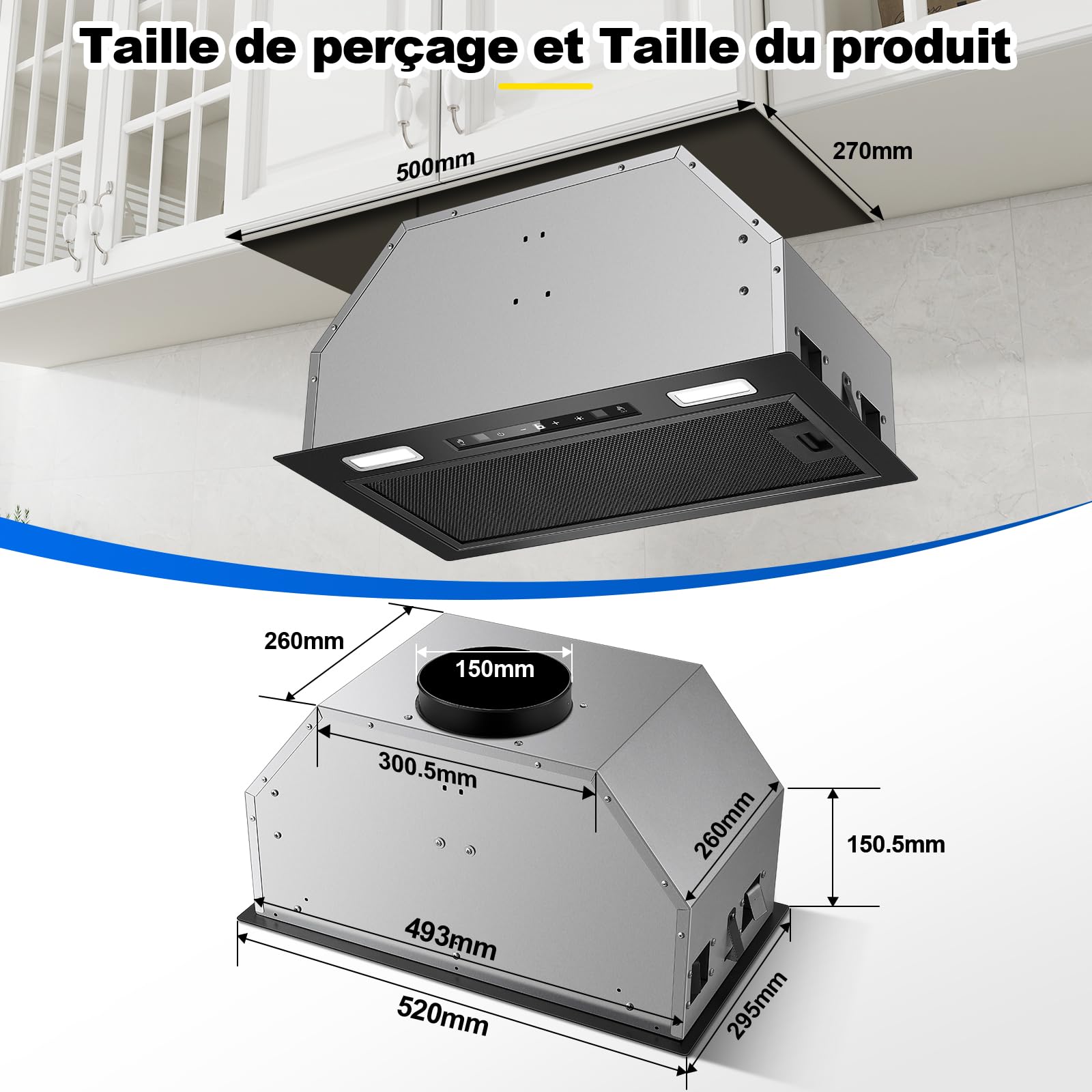 Hotte Aspirante 52cm Encastrable, 750m³/h, Hotte Encastrée, Commande Gestuelle & Tactile, 3 Vitesses & Fonction Booster, Éclairage LED, Filtre Charbon et Conduit Inclus, Évacuation/Recyclage