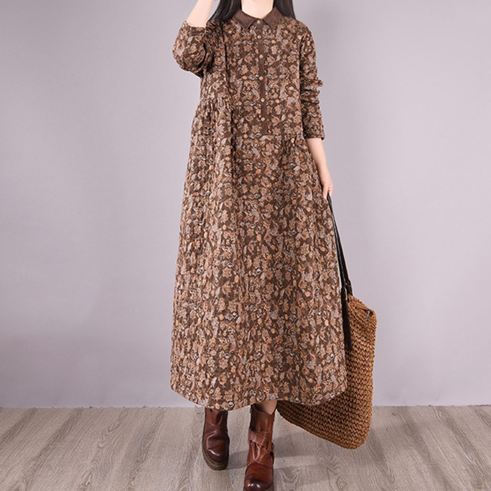 HAOLEI Abito da Donna con Stampa Floreale in Lino A-Line Mini Abito Lungo Contadino Maniche Lungo Floreale Vacanza Festa Copricostume Mare per la Primavera e L'Estate Confortevole e Traspirante