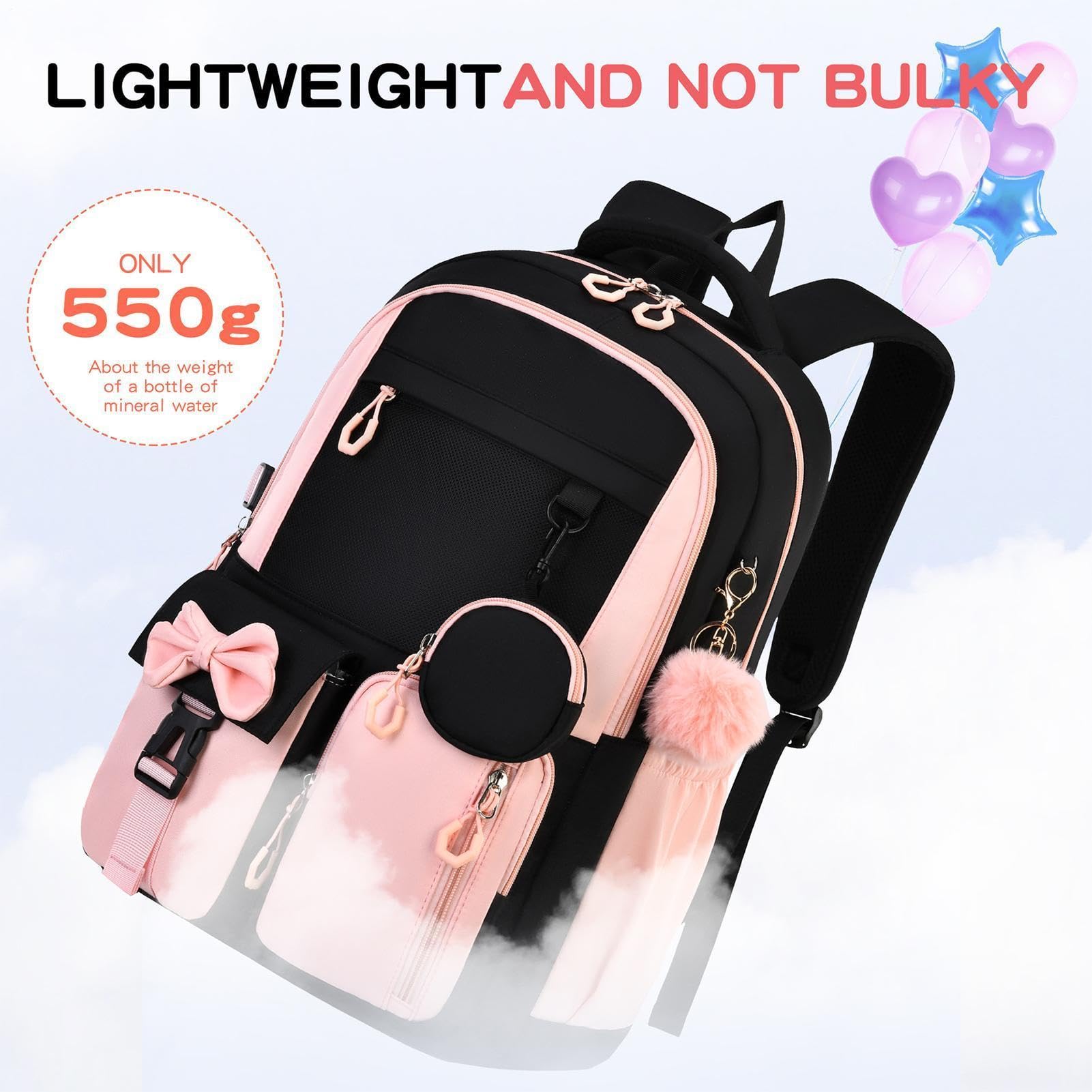 Mädchenschulrucksäcke 3-teilig, Niedliche Schleife, Viel Stauraum, Lunchbox | Leichter Schülerrucksack für Wasserflasche, Schulbücher, Wochenendausflüge, Reisen und
