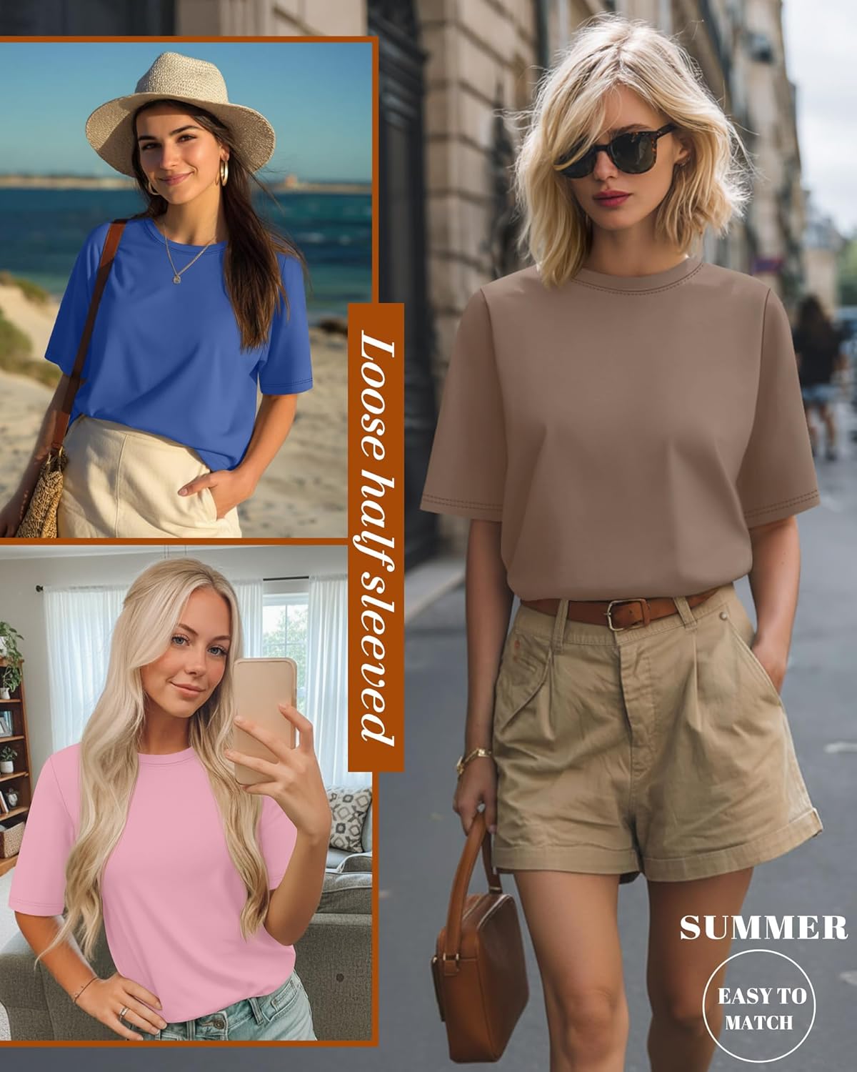 Huukeay 3 Pack Women's Half Sleeve T-Shirts, Crew Neck Elbow Length Tops Loose Casual Basic Tees Summer Tunic Tops - Image 6