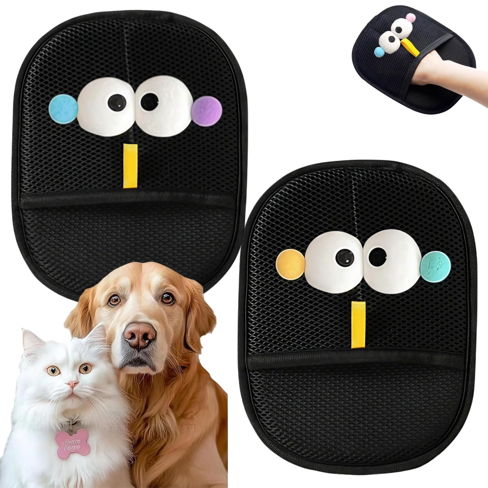 ShunJian 2PCS Double-Sided Pet Static Hair Removal Gloves,Pet Hair Grooming Gloves,Grooming Mitt for Dogs,Static Removal Gloves Pet Hair,Big Eyed Design,Multipurpose Pet Care Accessory(YELLOW+PURPLE)