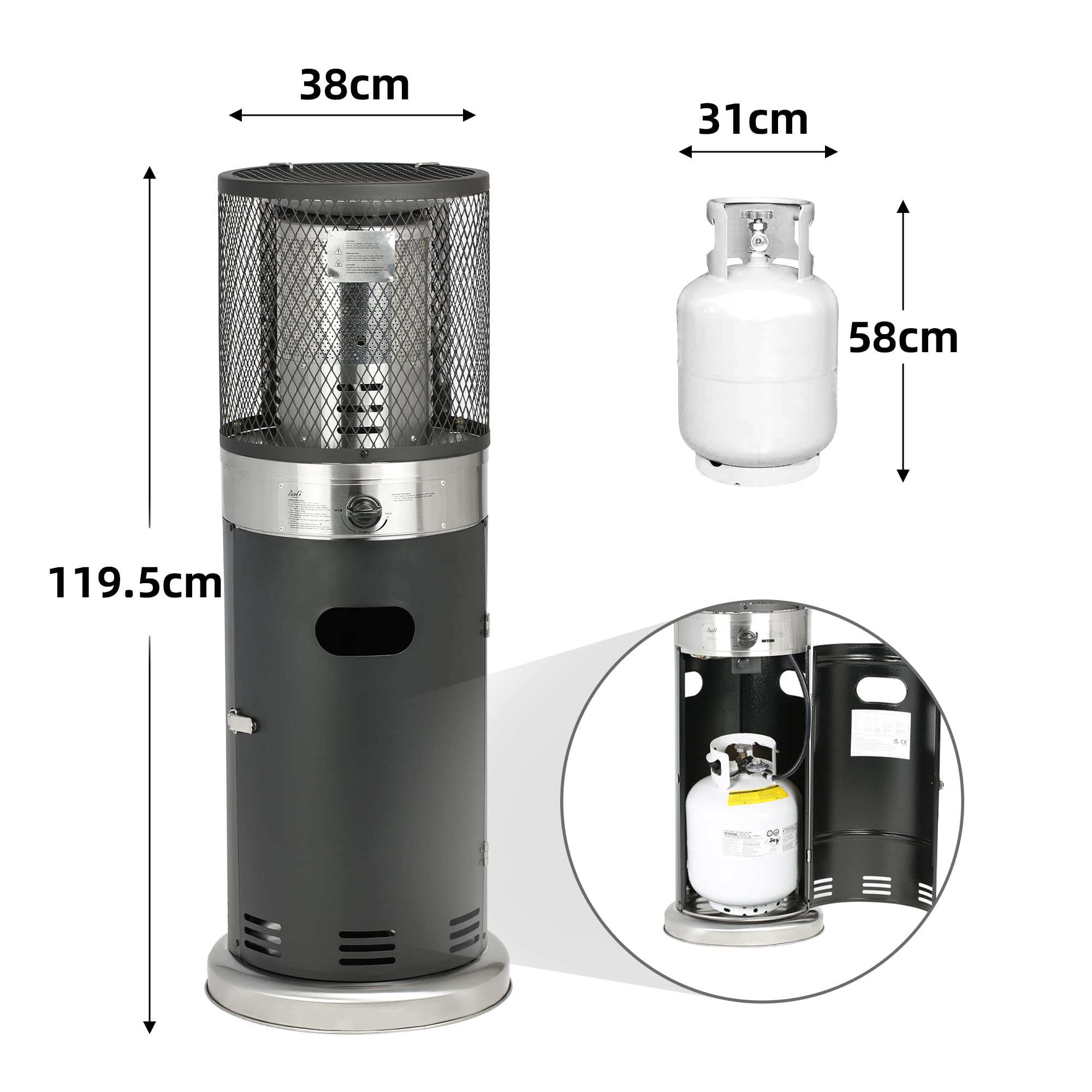 Bali OUTDOORS Lounge - Riscaldatore a pavimento da 7,3 KW, a gas, con set regolatore di pressione del gas 30 mbar e tubo 50 cm