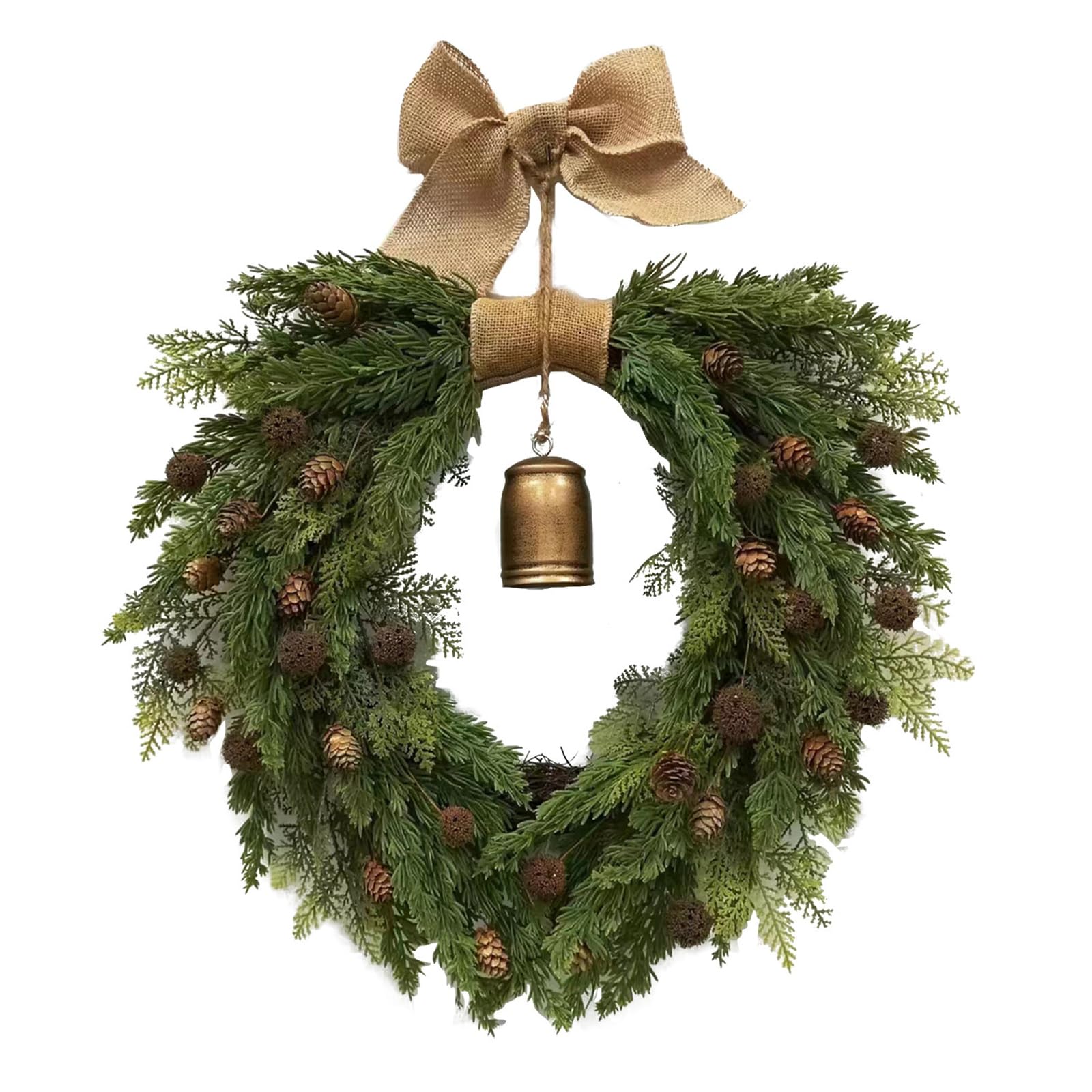 45 cm Weihnachtskranz Bauernhaus, Weihnachtsdeko Kranz Haustür, Künstlicher Weihnachtskranz mit Tannenzweigen und Glöckchen, Geeignet für Türen, Wände und Festliche Dekorationen
