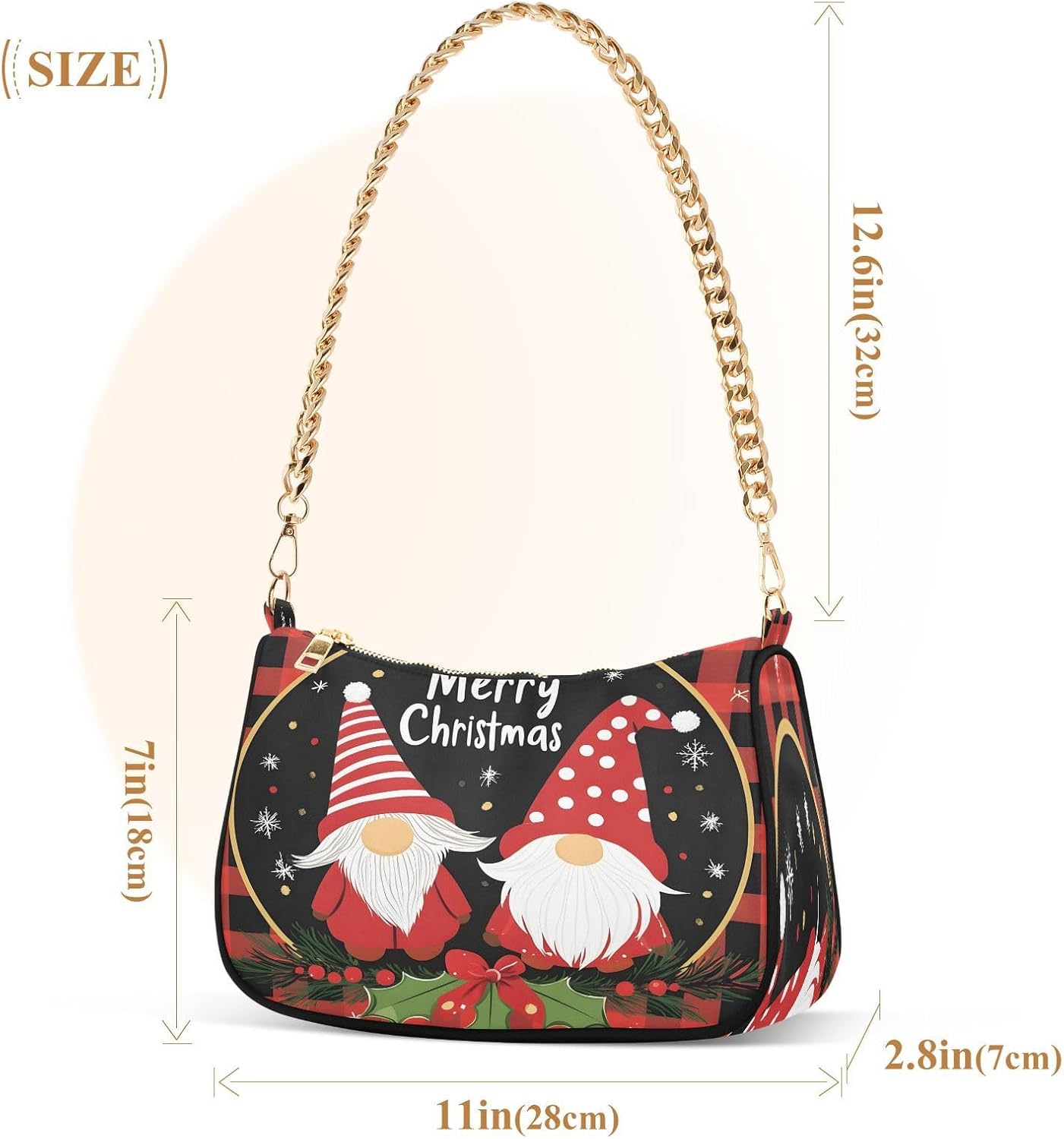 Christmas Gnome Plaid Snowflake Red Black Chain Shoulder Bag Hobo Tote Handbag Mini Clutch Purse with Zipper Closure for Women