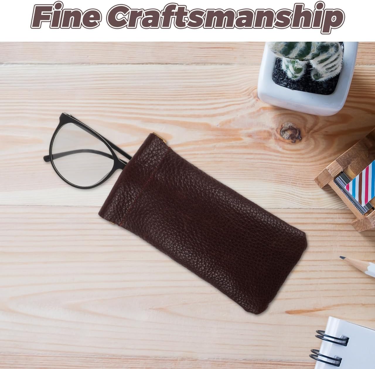 VILLCASE Squeeze Top Genuine Leather Eyewear Organizer Pouch Coffee Color