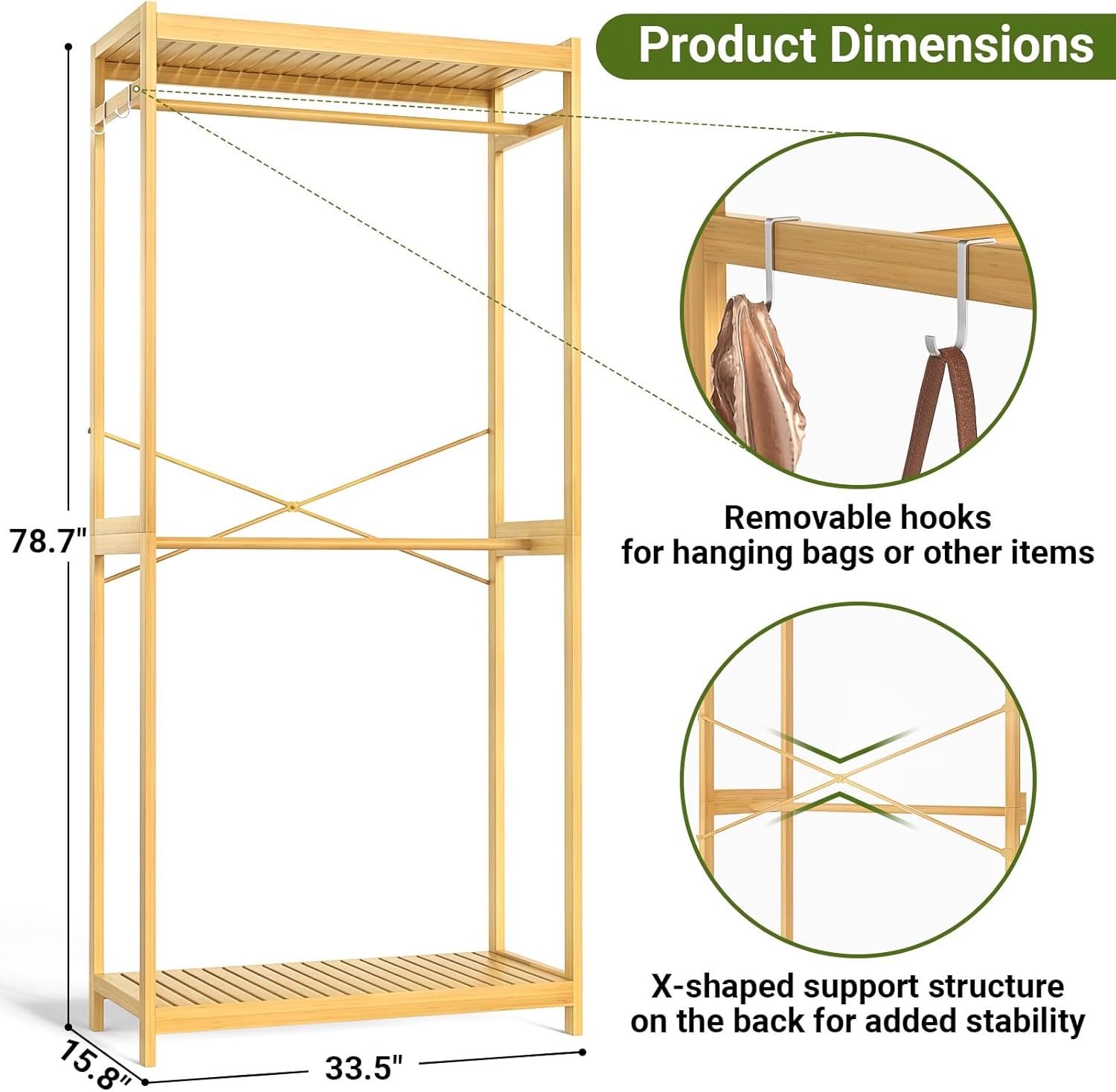 Homykic Bamboo Clothes Rack with Shelves and Double Hang Rods, Portable Closet System Garment Rack for Hanging Clothes, Tall Clothing Rack Corner Closet Organizer, Easy to Built, Natural - Image 5