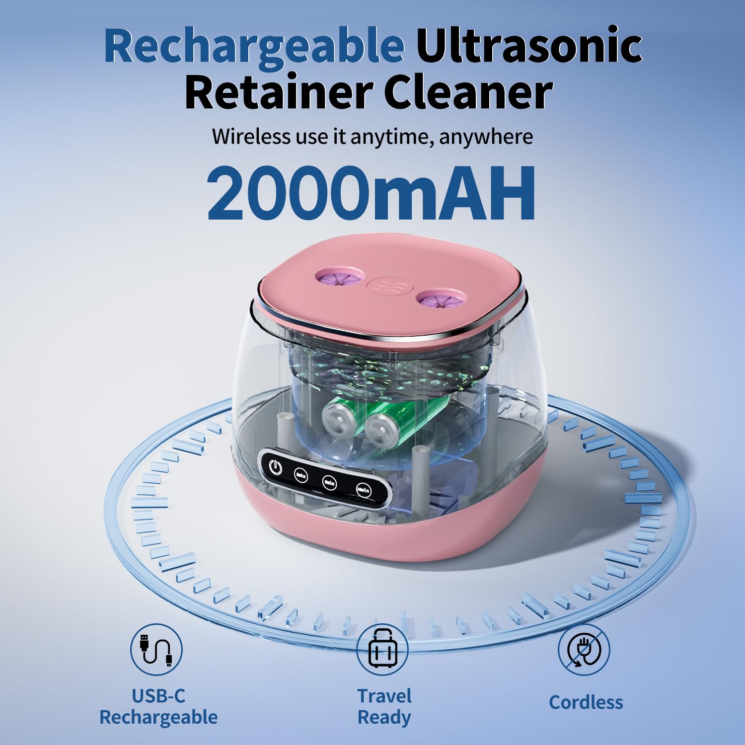 ultrasonic retainer cleaner machine rechargeable, 45khz portable denture cleaner for retainers, dentures, night guards, aligners, braces, jewelry, 3 cleaning modes, 200ml tank, pink