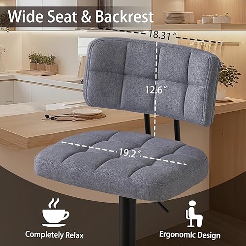 Miniatura 4 de Juego de 2 taburetes de bar giratorios de altura ajustable, taburetes de barra de tela de lino sin brazos con reposapiés para cocina, hogar, bar,