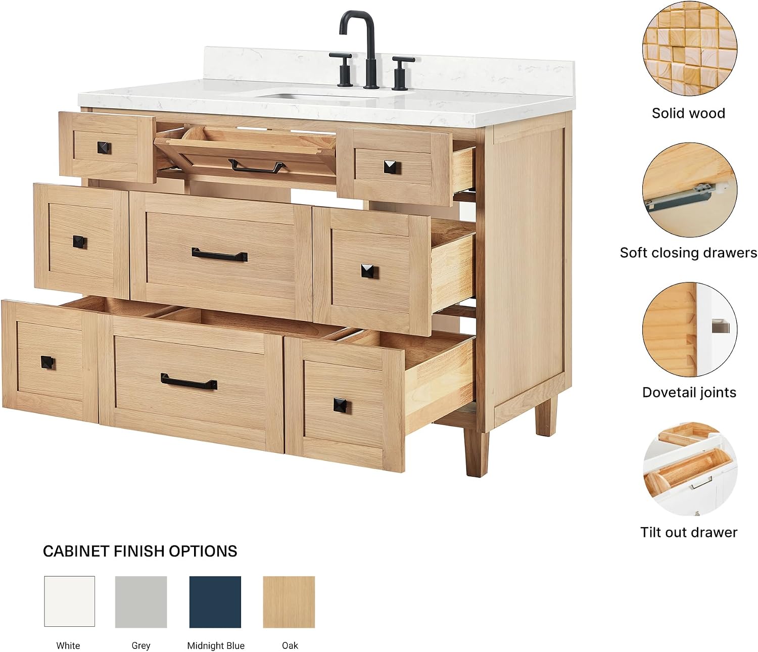 ARIEL Monroe 48-inch Bathroom Vanity with Sink,Solid Wood, 1.5-inch Carrara White Quartz Countertop & Backsplash, Single Oval Porcelain Sink, 9 Dovetail Drawers, Matte Black, White Oak