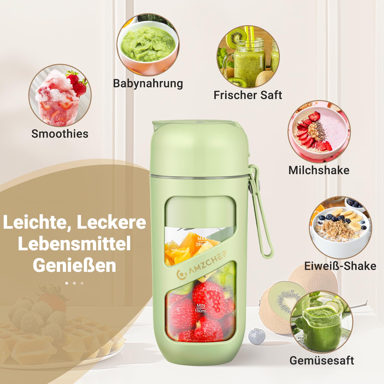 AMZCHEF Vakuum Smoothie Maker, Tragbarer Mixer für Milchshake, Saft, Smoothie - 380ml Vakuum Antioxidantien Saft Flasche - Kabellos wiederaufladbare Flasche für Minimixer