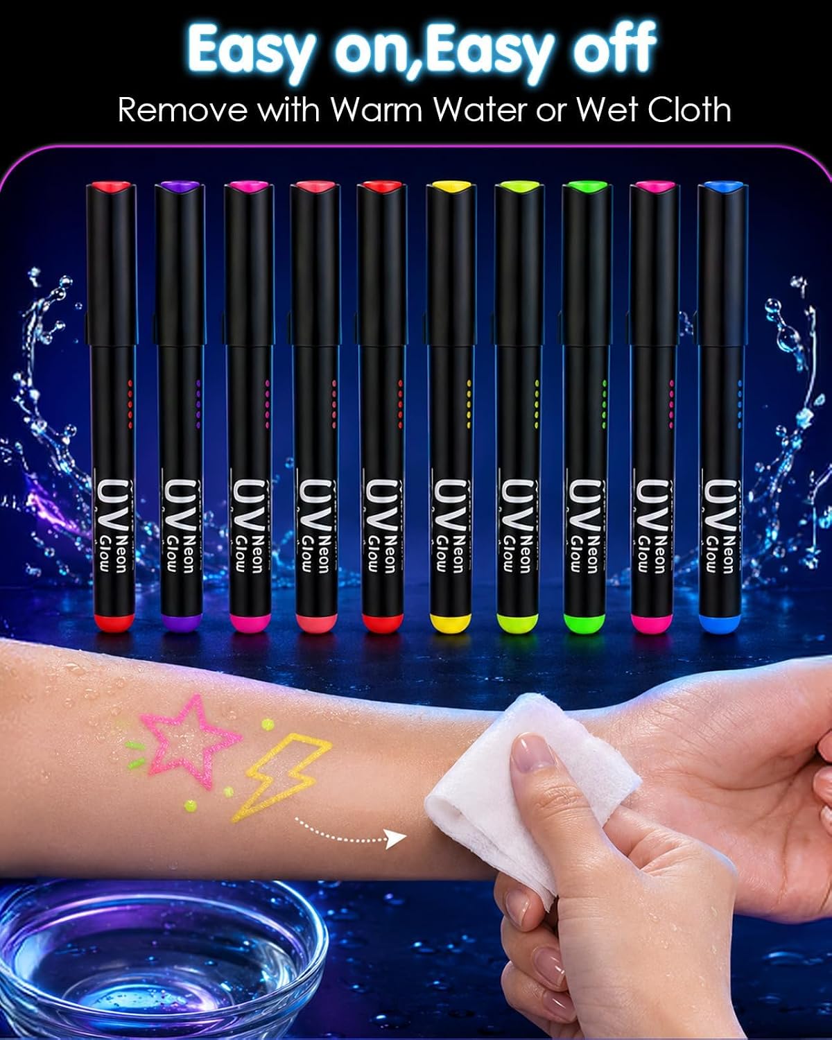 Glow in the Dark UV Face and Body Paint Markers, 10 Colors Neon Body Paint