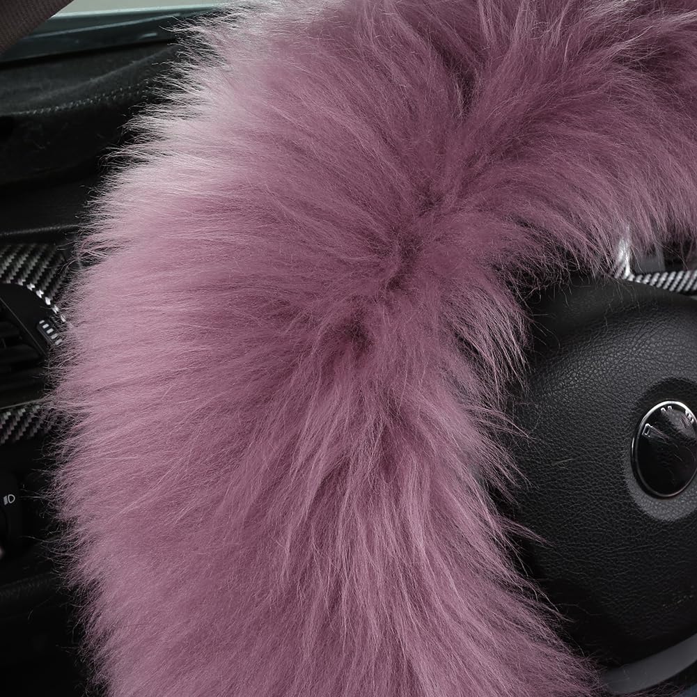 3Pcs Set Fashion Fluffy Fuzzy Wool Fur Soft Car Steering Wheel Cover with Handbrake Cover & Gear Shift Cover for Women/Girls/Ladies Auto Long Wool Accessories, Pink